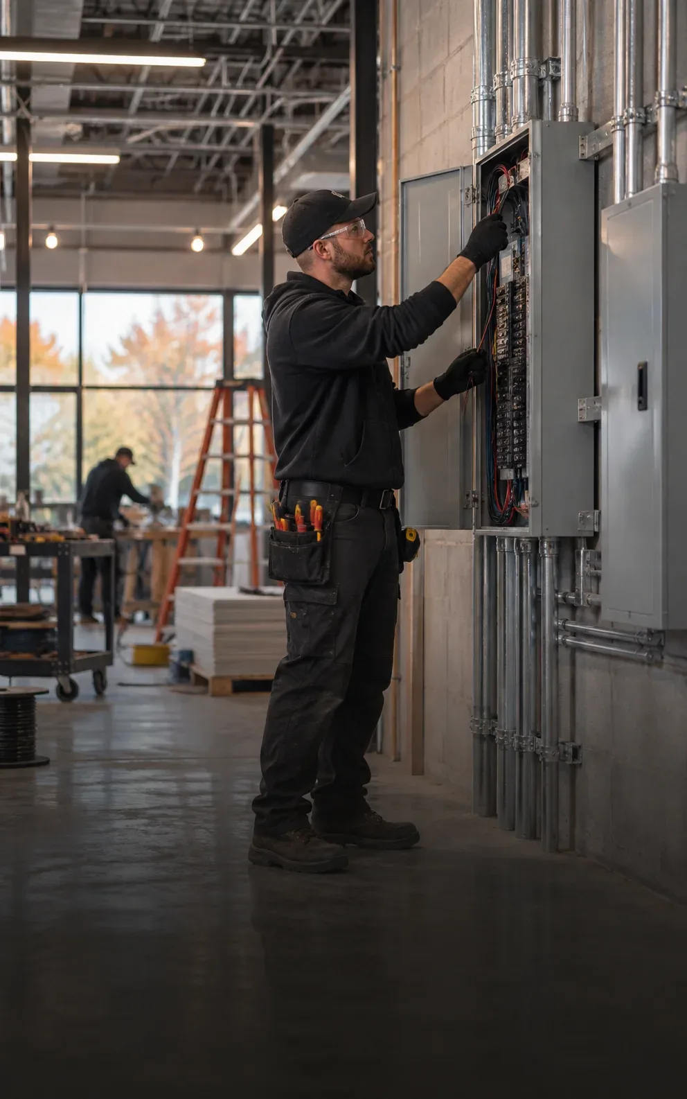 Electrician completing electrical work inside a commercial property in Kitchener