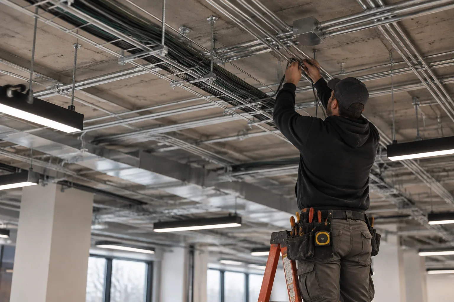 Electrician working above a grid ceiling with conduit in a commercial space